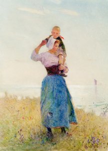 Donna e bambino in un prato